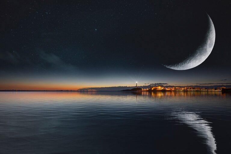 sea, moon, night, reflection, nature, city, fantasy, darling, star, lighthouse, costa, landscape