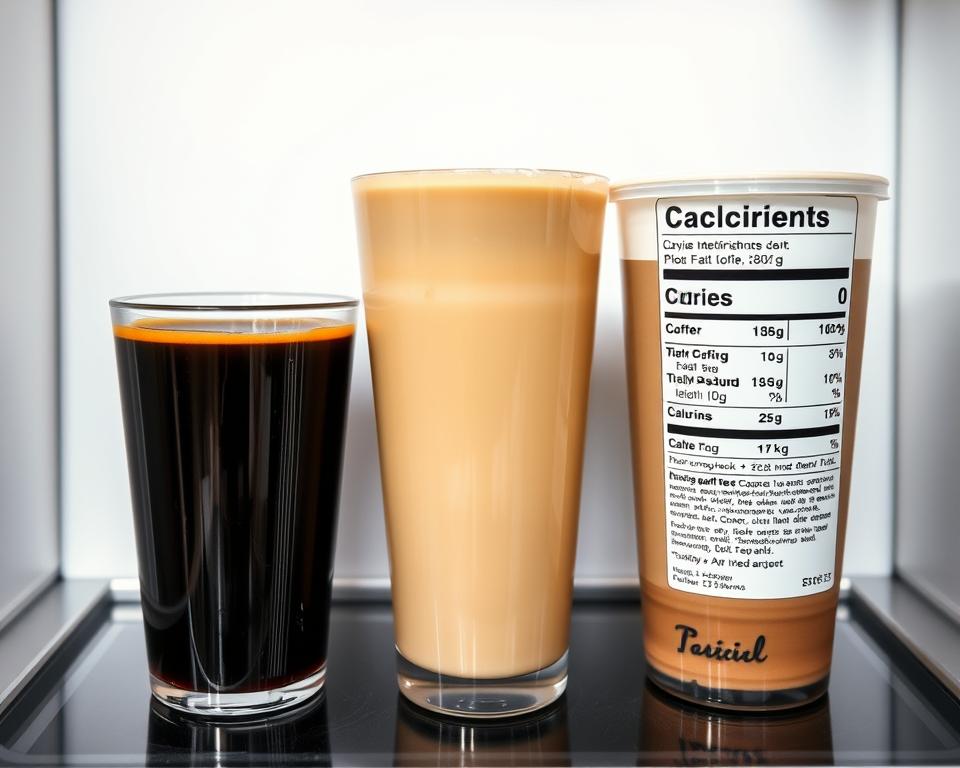 A close-up comparison of calories in various coffee drinks from a vending machine. In the foreground, neatly arranged cups filled with black coffee, latte, and cappuccino. The middle ground showcases detailed nutritional information labels, highlighting the calorie content of each beverage. The background features a minimalist, clean-lined backdrop, allowing the focus to remain on the coffee cups and data. Crisp, even lighting accentuates the textures and colors, creating a visually appealing and informative scene. The overall mood is one of clarity and objectivity, inviting the viewer to make an informed decision about their coffee choices. A close-up comparison of calories in various coffee drinks from a vending machine. In the foreground, neatly arranged cups filled with black coffee, latte, and cappuccino. The middle ground showcases detailed nutritional information labels, highlighting the calorie content of each beverage. The background features a minimalist, clean-lined backdrop, allowing the focus to remain on the coffee cups and data. Crisp, even lighting accentuates the textures and colors, creating a visually appealing and informative scene. The overall mood is one of clarity and objectivity, inviting the viewer to make an informed decision about their coffee choices.