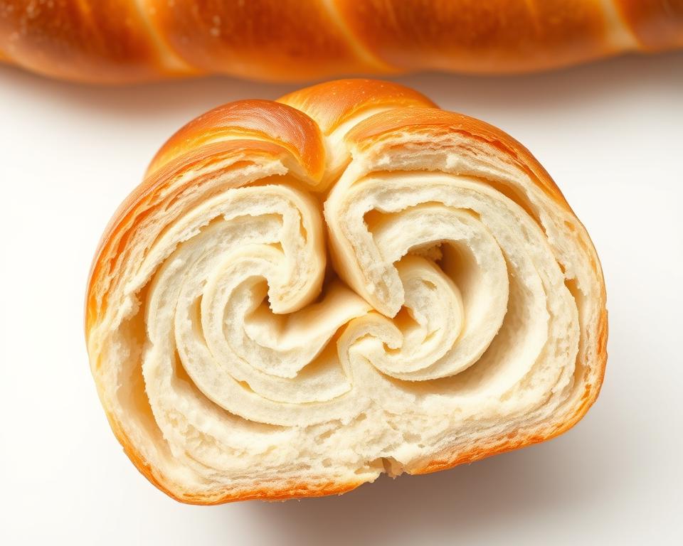 A close-up, hyper-detailed photograph of the cross-section of a Bavarian-style bun from Lidl supermarket. The bun is depicted on a clean, white background, perfectly lit from above to showcase its intricate inner structure. The image focuses on the delicate layers of the bread, revealing the soft, pillowy crumb, the golden crust, and the subtle patterns created by the braided dough. The lighting is natural and slightly diffused, creating a sense of depth and dimension. The angle is slightly elevated to provide a clear, unobstructed view of the bun's anatomy. The overall tone is crisp, clean, and appetizing, inviting the viewer to examine the bun's composition in meticulous detail.