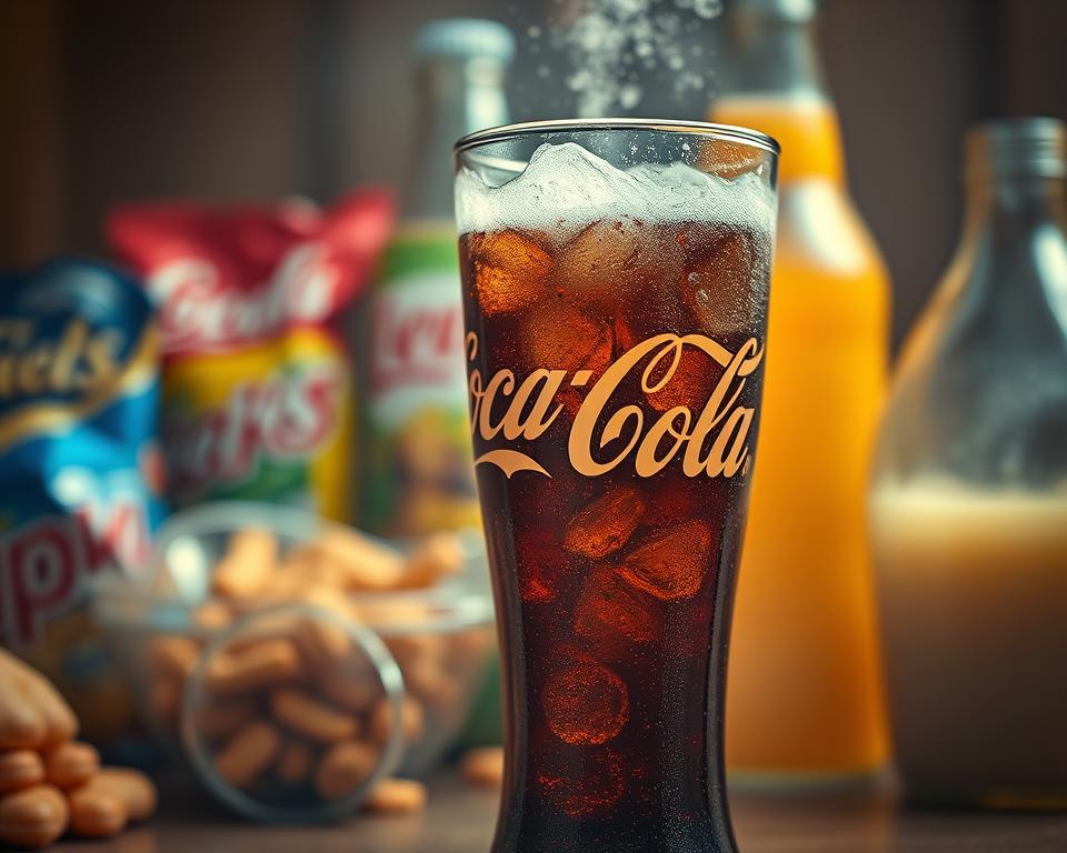 A close-up shot of a fizzing glass of Coca-Cola against a blurred background of various sugary snacks and unhealthy beverages. The glass is perspiring, conveying the sense of a cold, refreshing drink. Warm, diffused lighting illuminates the scene, creating a hazy, almost nostalgic atmosphere. The focus is on the bubbles rising in the glass, visually representing the impact of carbonated drinks on weight and diet. The overall mood is contemplative, inviting the viewer to consider the consequences of frequent consumption of such beverages.