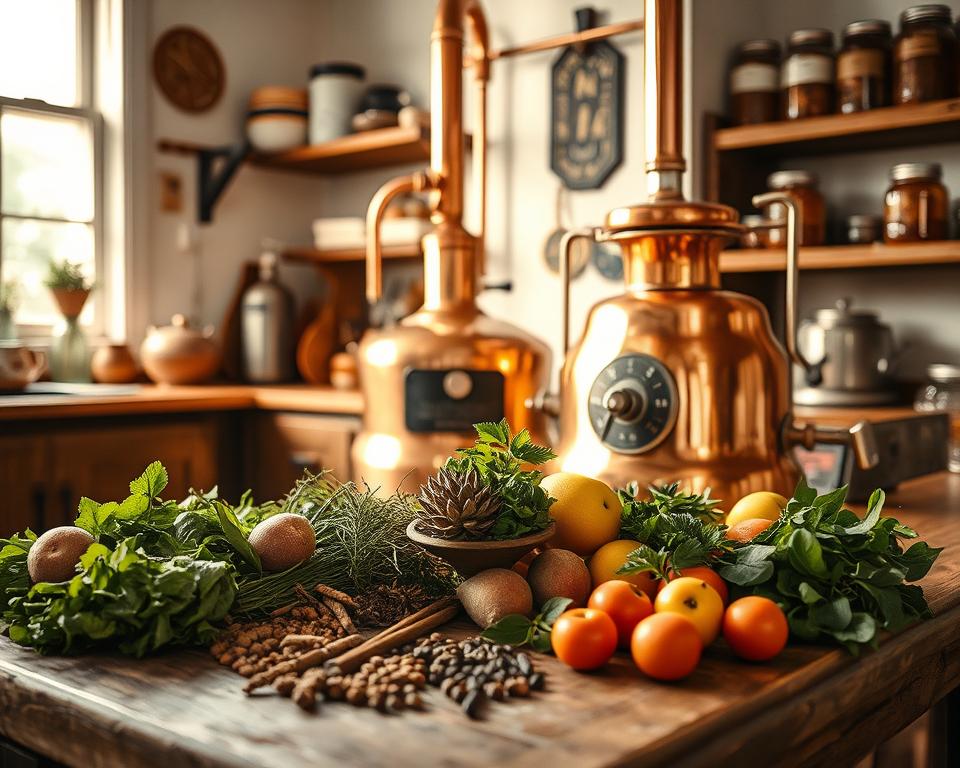 A cozy kitchen scene showcasing a traditional copper still used for distilling homemade bimber. In the foreground, an array of fresh herbs, spices, and fruit ingredients are neatly arranged on a rustic wooden table, hinting at the culinary possibilities of this artisanal spirit. The middle ground features the gleaming still, its intricate copper coils and dials suggesting a meticulous craftsmanship. Soft, warm lighting from a nearby window casts a gentle glow, creating an inviting atmosphere. The background features a few shelves with jars and bottles, alluding to the preservation and experimentation with this versatile liquor. An overall impression of a harmonious blend of culinary tradition and modern culinary creativity.