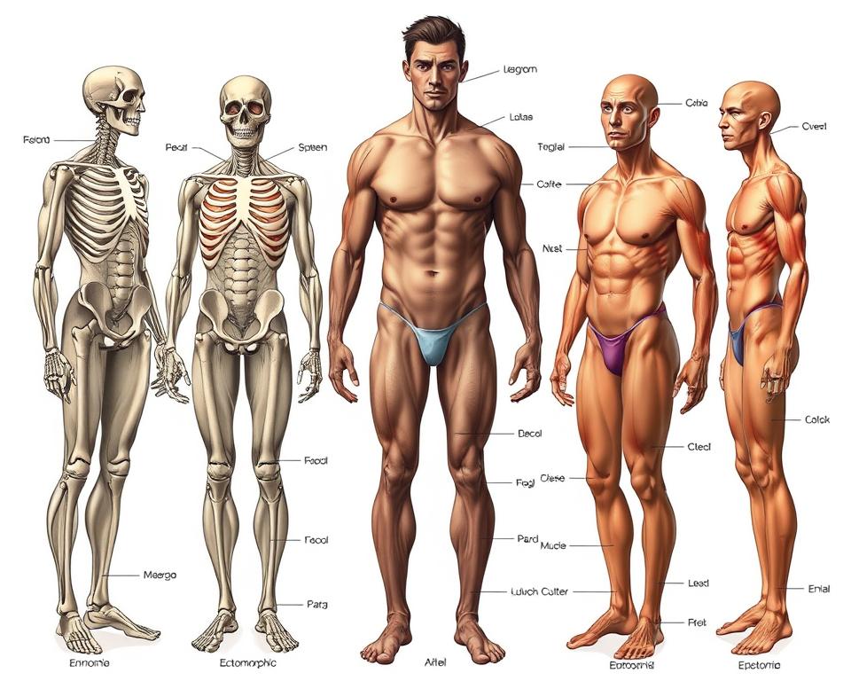 A detailed anatomical illustration showcasing the characteristic features of male body types. Captured in a scientific, clinical style with natural lighting and a neutral background. Prominently featuring the key structural elements that differentiate mesomorphic, ectomorphic, and endomorphic physiques - including bone structure, muscle definition, and fat distribution patterns. Depicted with anatomical precision to aid in the visual analysis of somatotype variations. The image should convey a sense of objective study, providing a comprehensive visual reference for the article's discussion of body type characteristics.
