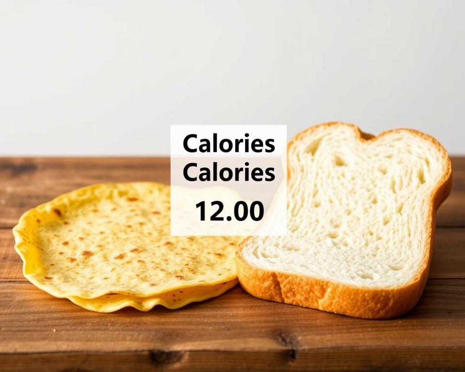 A detailed visual comparison of a tortilla and a bread slice, showcasing their caloric differences. In the foreground, a golden tortilla and a fluffy white bread slice are presented side-by-side on a rustic wooden surface, illuminated by soft, natural lighting. The middle ground features a precise calorie count for each item, displayed in a clean, minimalist style. The background is a simple, uncluttered space, allowing the focal elements to take center stage. The overall mood is informative and visually appealing, suitable for illustrating the popular myths surrounding the caloric content of tortillas.