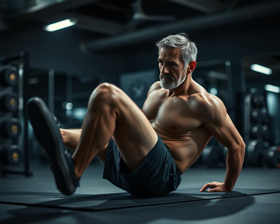 A dimly lit gym interior with a middle-aged man performing abdominal crunches on a workout mat. Focused lighting illuminates his torso, highlighting the contraction of his core muscles. In the background, blurred exercise equipment and weights are visible, conveying a sense of an active fitness environment. The scene has a gritty, intense atmosphere, emphasizing the effort and dedication required to burn calories through different repetition counts of abdominal exercises.