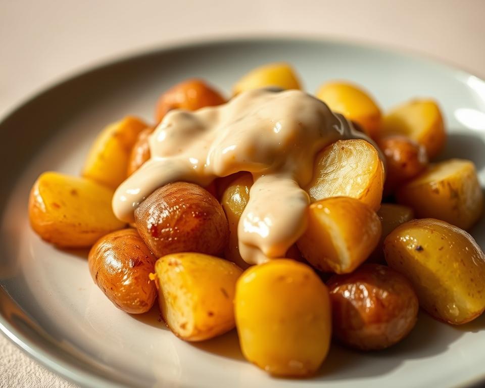 A plate of freshly cooked potatoes, their golden-brown skins glistening under natural lighting. A creamy, savory sauce drizzled over the top, adding depth and richness to the dish. The potatoes are arranged artfully, with a slight elevation to create a sense of depth and dimension. The background is a soft, muted color, allowing the focal point of the potatoes and sauce to take center stage. The overall mood is one of simple, wholesome nourishment, inviting the viewer to consider the role of potatoes in a balanced, weight-conscious diet.