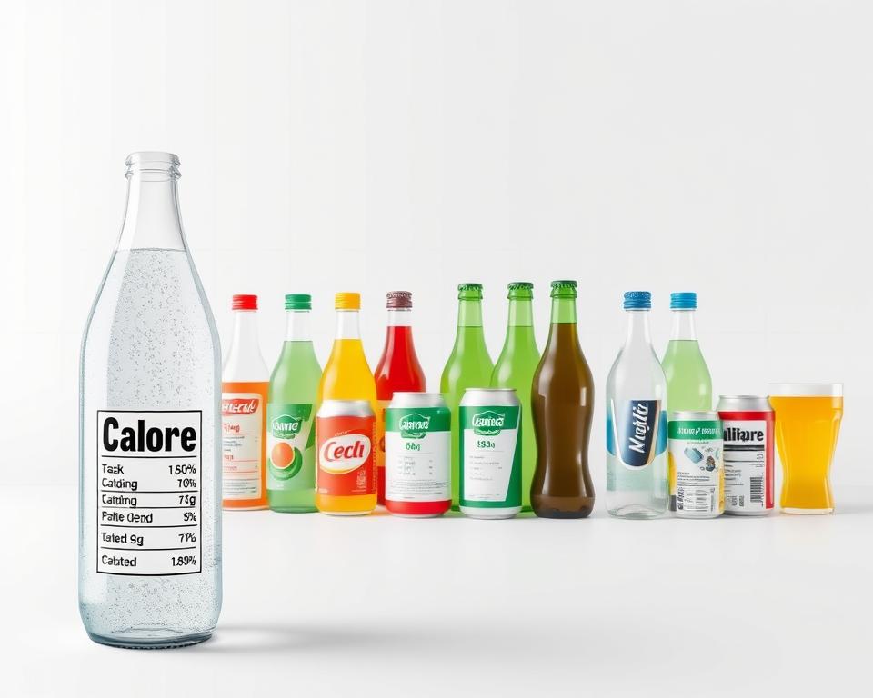 A sleek, modern illustration showcasing the nutritional information for a variety of popular carbonated beverages. In the foreground, a stylized glass bottle filled with a clear, bubbly liquid, its label prominently displaying the calorie count. In the middle ground, an array of different beverage containers - cans, bottles, and cups - arrayed neatly, each with their own calorie breakdown visible. The background features a clean, minimalist design with subtle grid lines, creating a sense of structure and organization. The lighting is soft and diffused, giving the scene a crisp, professional feel. The overall tone is informative and visually appealing, inviting the viewer to explore the calorie content of these common carbonated drinks.