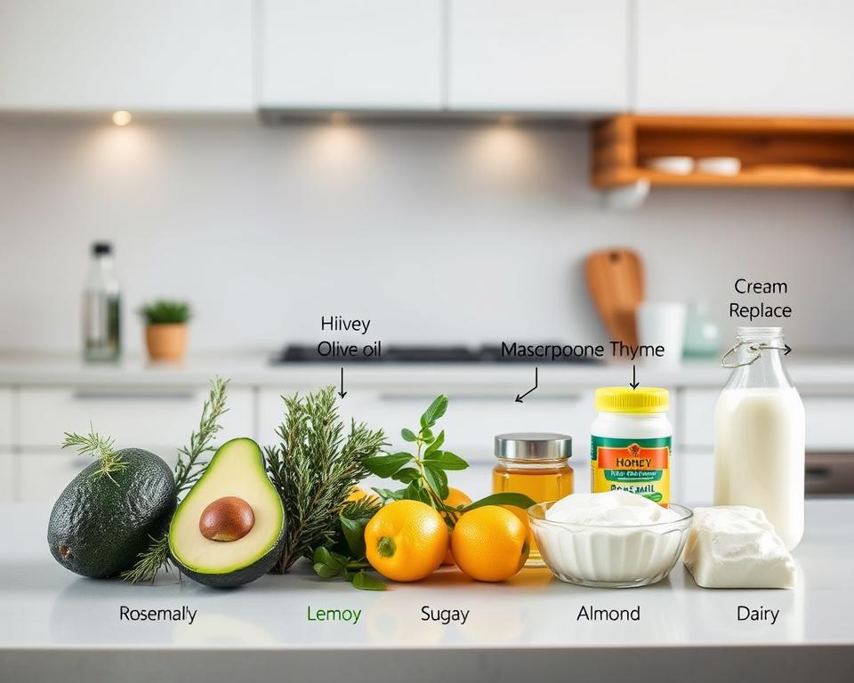 A sleek, modern kitchen counter with various replacement ingredients neatly arranged. In the foreground, a group of familiar kitchen staples - avocado, rosemary, and mascarpone cheese - are stylishly juxtaposed with their substitutes, such as olive oil, thyme, and cream cheese. The middle ground features additional replacement options, including lemon for lime, honey for sugar, and almond milk for dairy. The background showcases a minimalist, well-lit setting with subtle hints of wooden accents, creating a sophisticated and inviting atmosphere. The image conveys a sense of culinary resourcefulness and practical solutions for the home cook.