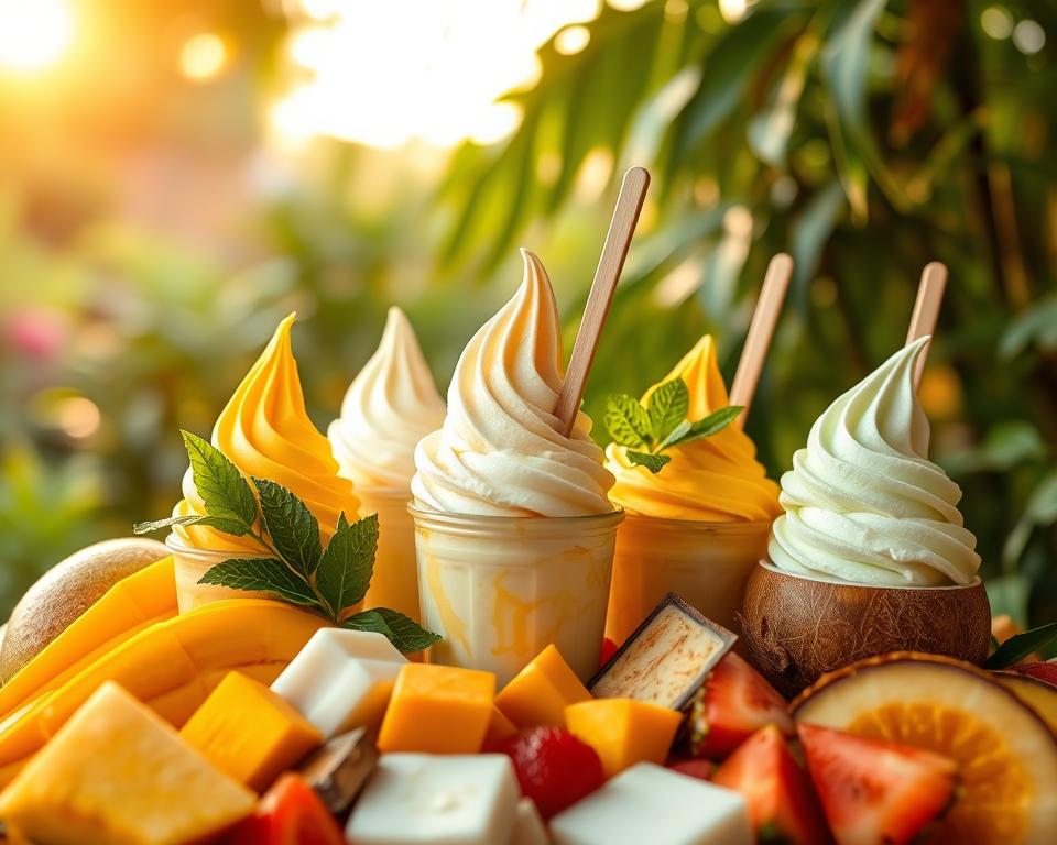 A vibrant display of healthy Thai-style ice creams, arranged in a tempting array. The creamy textures and natural hues of mango, coconut, and tropical fruits take center stage, showcased against a backdrop of lush greenery and a warm, golden-hour glow. The scene exudes a sense of freshness and vitality, inviting the viewer to indulge in a guilt-free summer treat. Captured with a wide-angle lens, the image emphasizes the variety and appeal of these healthier alternatives to traditional Thai ice creams, perfectly aligning with the "Zdrowe alternatywy dla lod&oacute;w tajskich" section of the article.