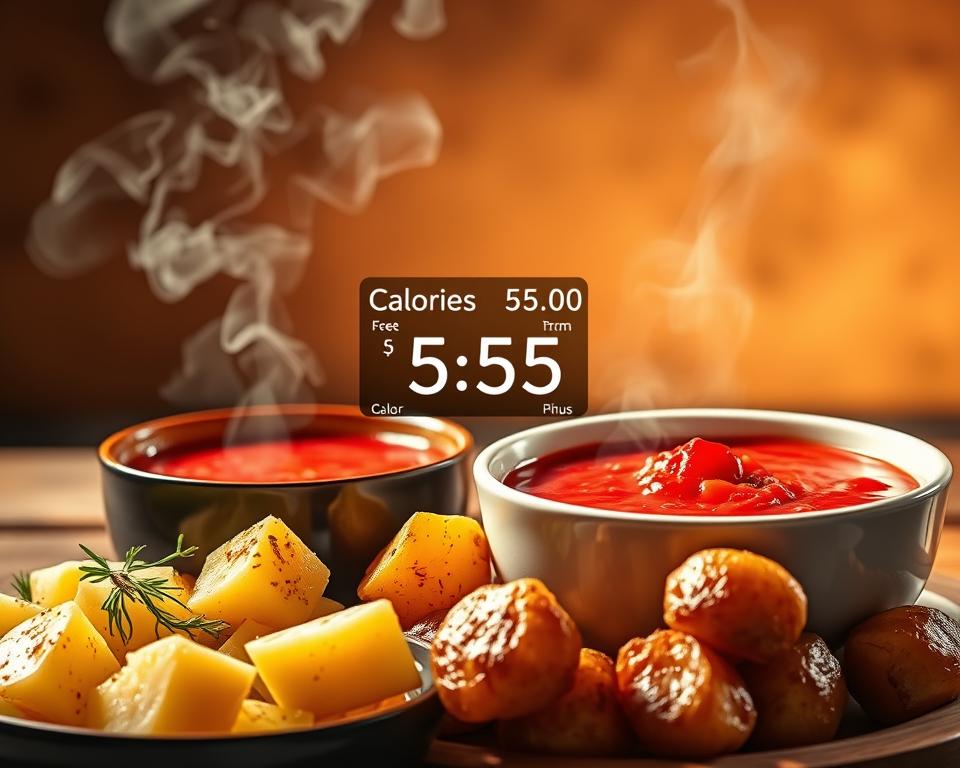 A vibrant, high-contrast comparison of the caloric content of red borscht and potatoes. In the foreground, two voluptuous servings of the classic soup and roasted potatoes, steaming and beckoning. The middle ground features a detailed calorie counter display, highlighting the nutritional differences in an easy-to-read format. The background is a soft, gradient blend of earthy tones, evoking the rustic, comforting nature of the meal. Dramatic, cinematic lighting casts dramatic shadows, emphasizing the visual contrast. The overall mood is one of informative, appetizing clarity, inviting the viewer to visually explore the caloric comparison. A vibrant, high-contrast comparison of the caloric content of red borscht and potatoes. In the foreground, two voluptuous servings of the classic soup and roasted potatoes, steaming and beckoning. The middle ground features a detailed calorie counter display, highlighting the nutritional differences in an easy-to-read format. The background is a soft, gradient blend of earthy tones, evoking the rustic, comforting nature of the meal. Dramatic, cinematic lighting casts dramatic shadows, emphasizing the visual contrast. The overall mood is one of informative, appetizing clarity, inviting the viewer to visually explore the caloric comparison.