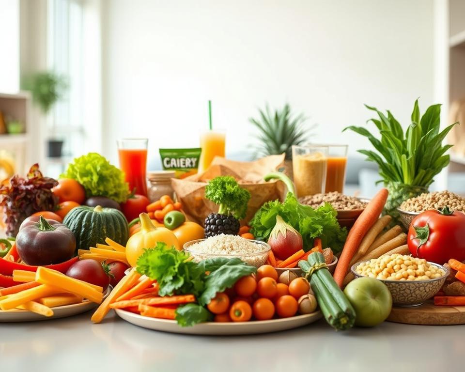 A vibrant, modern, and nutritious food display showcasing healthy alternatives to high-calorie fast food options. In the foreground, an array of fresh vegetables, lean proteins, and whole grains artfully arranged on a sleek, minimalist table setting. In the middle ground, a selection of colorful, low-calorie snacks and beverages, conveying a sense of balanced, conscious consumption. The background features a bright, airy space with natural lighting filtering through, creating a welcoming and inviting atmosphere. The overall scene exudes a sense of wellness, vitality, and a mindful approach to dining, inspiring the viewer to consider more nutritious choices beyond the typical fast food fare.