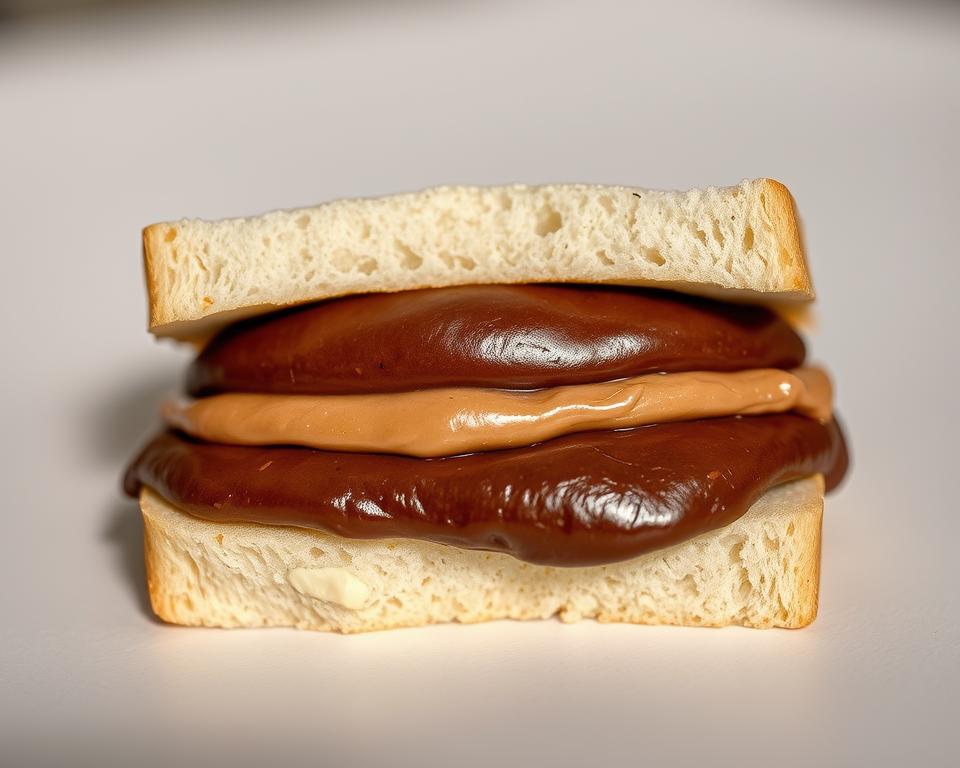 A visually enticing close-up of a freshly made sandwich, the soft white bread cradling a generous layer of rich, creamy Nutella. The hazelnut spread glistens under the warm, diffused lighting, casting subtle shadows that accentuate its luscious texture. The sandwich is positioned on a clean, minimalist surface, allowing the focal point to shine. The overall composition exudes a sense of indulgence and temptation, hinting at the caloric content without being overbearing. The mood is one of sophisticated simplicity, inviting the viewer to ponder the balance between enjoyment and health. A visually enticing close-up of a freshly made sandwich, the soft white bread cradling a generous layer of rich, creamy Nutella. The hazelnut spread glistens under the warm, diffused lighting, casting subtle shadows that accentuate its luscious texture. The sandwich is positioned on a clean, minimalist surface, allowing the focal point to shine. The overall composition exudes a sense of indulgence and temptation, hinting at the caloric content without being overbearing. The mood is one of sophisticated simplicity, inviting the viewer to ponder the balance between enjoyment and health.