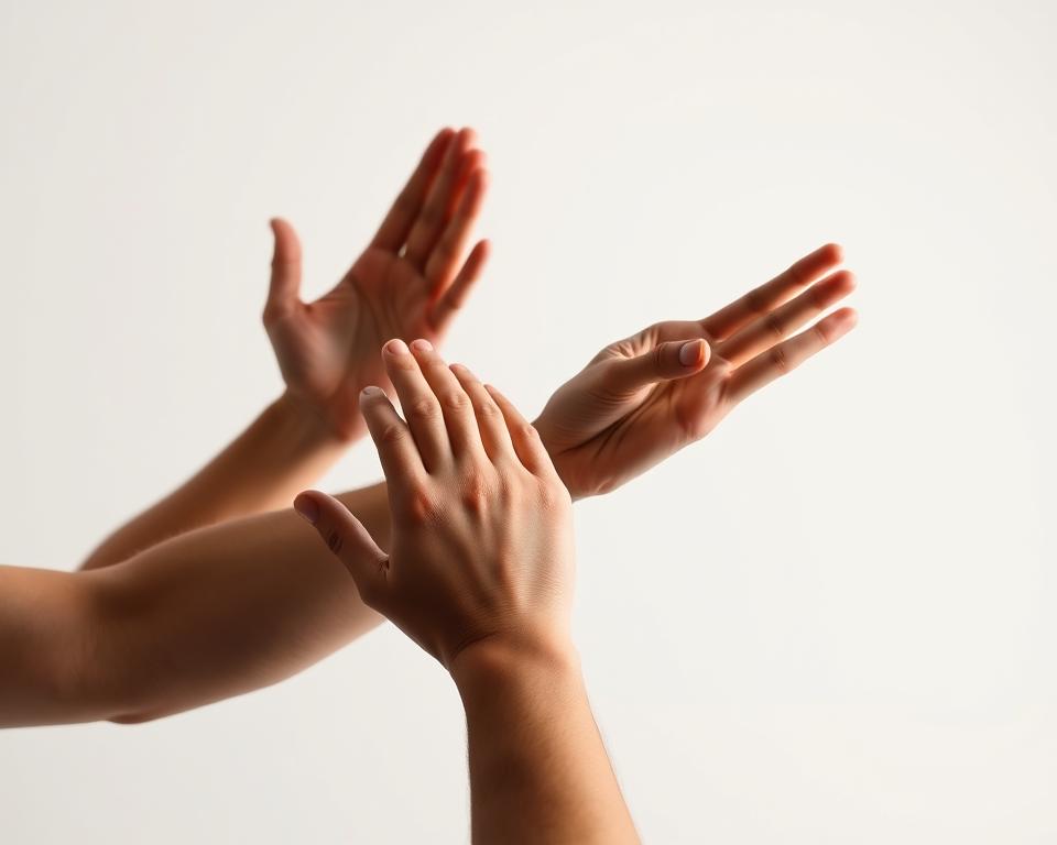 A well-lit studio setting featuring a close-up view of a person's hands performing a variety of exercises to strengthen the wrists and forearms. The subject's hands should be positioned in different ergonomic positions, such as palm-down wrist extensions, palm-up wrist curls, and thumb-to-finger dexterity movements. The background should be clean and uncluttered, allowing the viewer to focus on the exercises. The lighting should be soft and diffused, creating subtle shadows that highlight the musculature and form of the hands. The overall mood should convey a sense of focus, intention, and the importance of hand and wrist strengthening exercises.