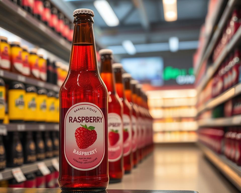 A well-lit supermarket aisle, showcasing a variety of bottled raspberry-flavored beers. In the foreground, a glass bottle filled with a vibrant raspberry-hued liquid stands prominently, its label clearly visible. The middle ground features additional bottles, neatly arranged on sleek metal shelves, creating a visually appealing display. The background subtly blurs, drawing the viewer's attention to the focal point - the raspberry-infused beer. The lighting is warm and inviting, casting a soft glow on the scene, conveying a sense of quality and premium appeal. The overall composition is balanced and aesthetically pleasing, perfectly capturing the essence of where one might find this unique beer product.