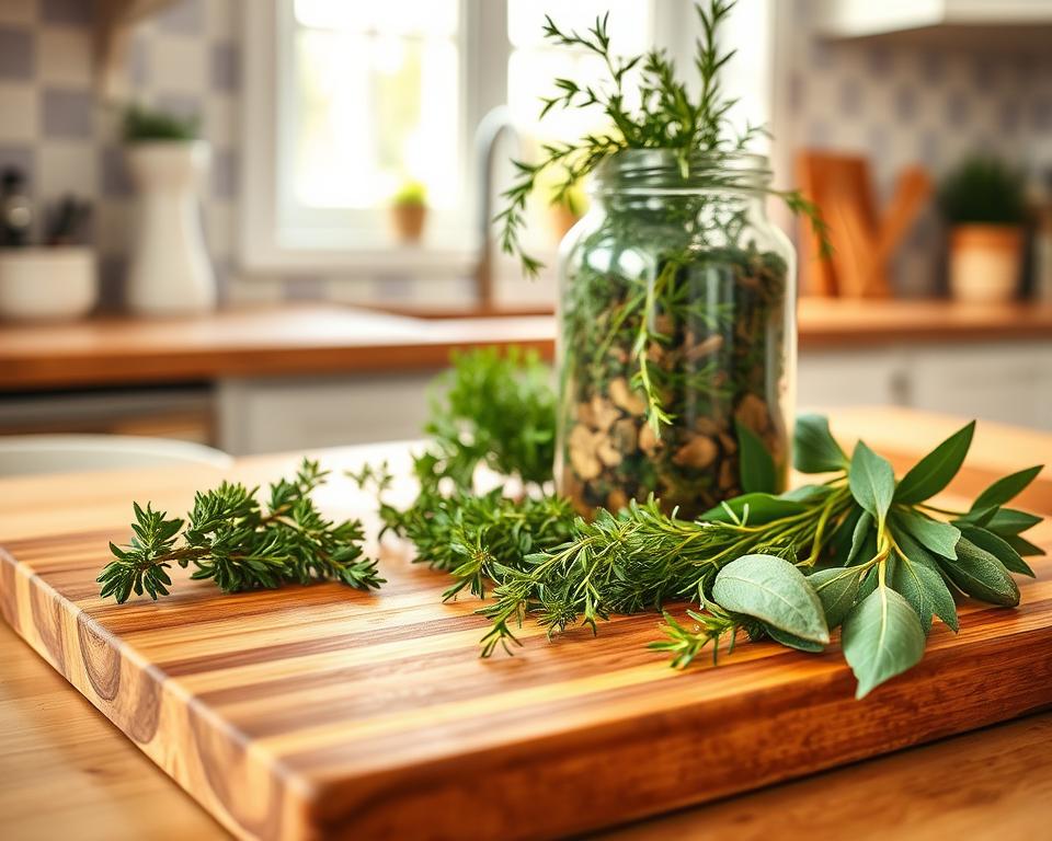A bright, airy kitchen scene showcasing various herb substitutes for rosemary. In the foreground, a wooden cutting board displays an assortment of fresh herbs, such as thyme, oregano, and sage, neatly arranged. The middle ground features a glass jar filled with dried herbs, complemented by a few sprigs of greenery cascading over the edges. In the background, a window lets in warm, natural light, casting a soft glow over the scene. The overall mood is one of culinary inspiration and the versatility of herbs in the kitchen.