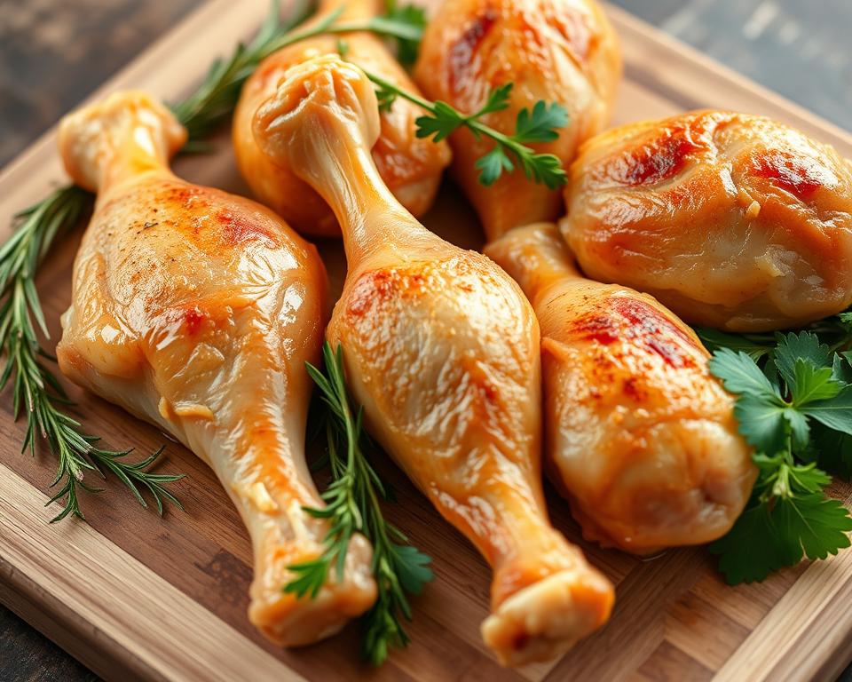 A close-up shot of freshly prepared chicken drumsticks arranged on a wooden cutting board. The drumsticks have a golden-brown, crispy skin and are surrounded by assorted fresh herbs, such as rosemary, thyme, and parsley. The lighting is soft and natural, highlighting the textural details of the meat and the vibrant colors of the garnishes. The overall scene conveys a sense of healthy, home-cooked preparation, with a focus on the nutritional benefits of this lean protein source.