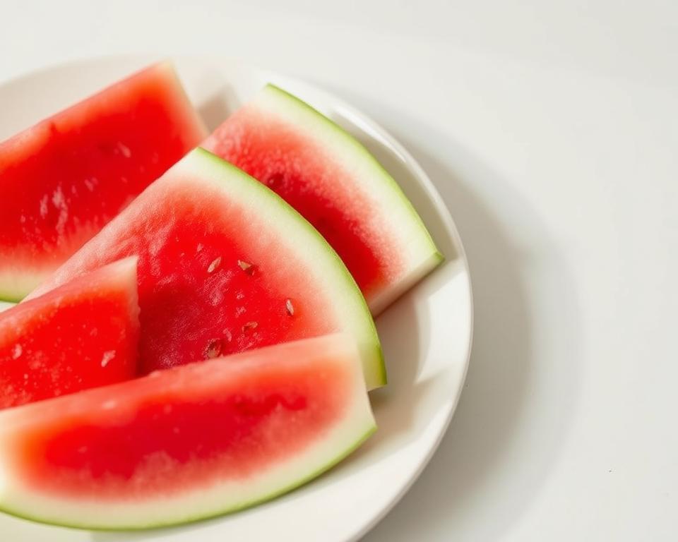 A close-up shot of sliced watermelon wedges arranged neatly on a light-colored plate or surface. The watermelon slices should have a juicy, vibrant red interior and a shiny, smooth rind. The lighting should be soft and natural, creating gentle shadows and highlights that accentuate the texture and form of the watermelon. The overall composition should have a clean, minimalist aesthetic, emphasizing the simplicity and health-conscious appeal of the watermelon as a low-calorie, hydrating snack option for a weight-loss diet.