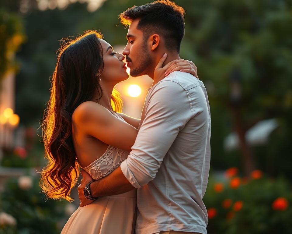 A couple tenderly embracing, their lips locked in a passionate kiss, set against a softly blurred background of a romantic garden at dusk. Warm, golden-hued lighting casts a romantic glow, accentuating the couple's movements and the gentle interplay of their bodies. The scene exudes a sense of intimacy and sensuality, inviting the viewer to imagine the caloric expenditure from such an ardent embrace.