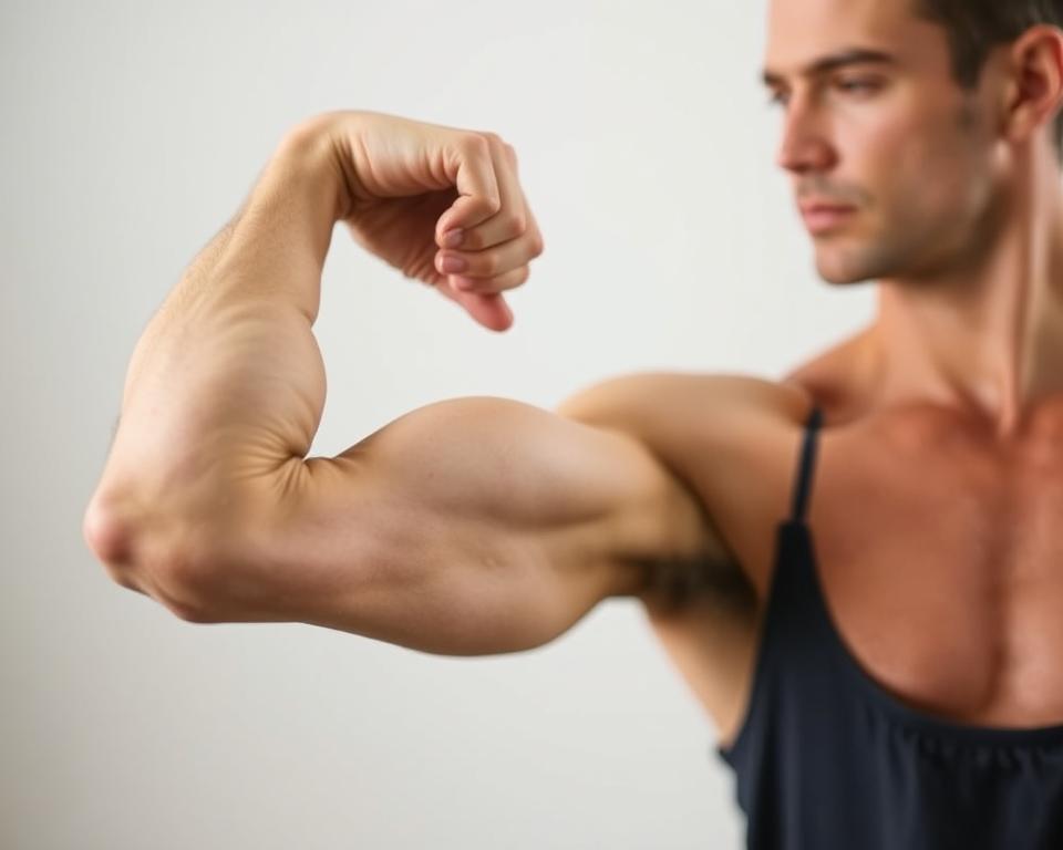 A detailed close-up of a person's arm performing a triceps stretching exercise. The foreground shows the person's hand gripping the elbow of the outstretched arm, pulling it gently towards the head to isolate and stretch the triceps muscle. The middle ground features the person's torso and face in profile, with a focused expression. The background is blurred, with a plain, minimalist setting to keep the focus on the stretching motion. Soft, diffused lighting creates a calm, instructional atmosphere, conveying the guidance and technique of the "triceps stretching frequency" subject.