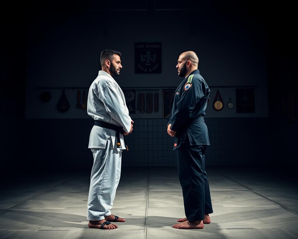 A dimly lit dojo, two practitioners standing face-to-face, one in a white judogi, the other in a black BJJ gi. The room is filled with a sense of focus and discipline, the mats worn from years of intense training. Overhead, soft lighting casts shadows, emphasizing the fluid movements and grappling techniques as the two styles are compared side by side. In the background, a wall of trophies and medals speaks to the dedication and achievements of those who have trained here. The scene conveys the essence of the distinct training methodologies of judo and Brazilian Jiu-Jitsu, captured in a single, evocative image.