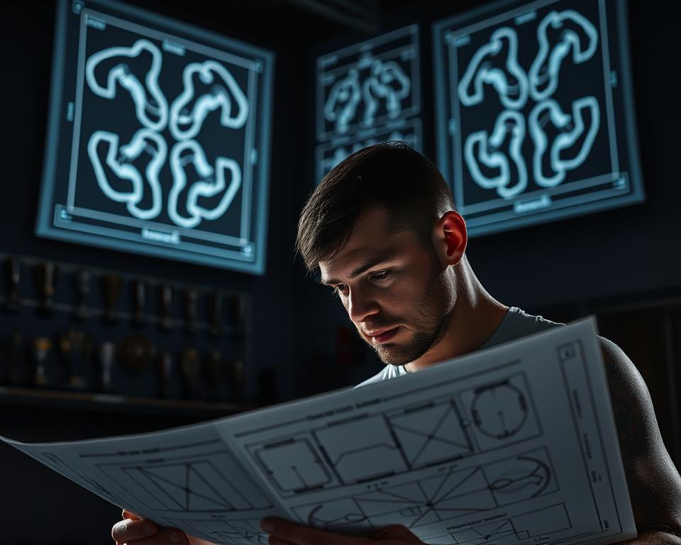 A dimly lit training hall, the focus on a wrestler intently studying a blueprint of grappling techniques. Overhead, strategic diagrams are projected onto the walls, illuminating the space with a tactical glow. The wrestler, brow furrowed in concentration, meticulously analyzes the schematics, mapping out their next move. In the background, a wall of trophies and medals reflects the wrestler's dedication to the art of strategizing for success on the mat. Dramatic chiaroscuro lighting casts dramatic shadows, heightening the sense of intensity and determination.
