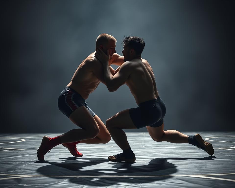 A dimly lit wrestling mat, two grapplers locked in a tense clinch, their muscles straining as they jostle for position. The foreground is a clash of grappling techniques - a headlock, a leg sweep, a hip throw - each move executed with precision and power. The background fades into a hazy, moody atmosphere, evoking the intensity and focus of the sparring session. Dramatic shadows and highlights sculpt the figures, emphasizing the athleticism and skill of the wrestlers. The scene conveys the essence of "kluczowe chwyty w zapasach" - the fundamental grappling techniques that form the foundation of the sport.