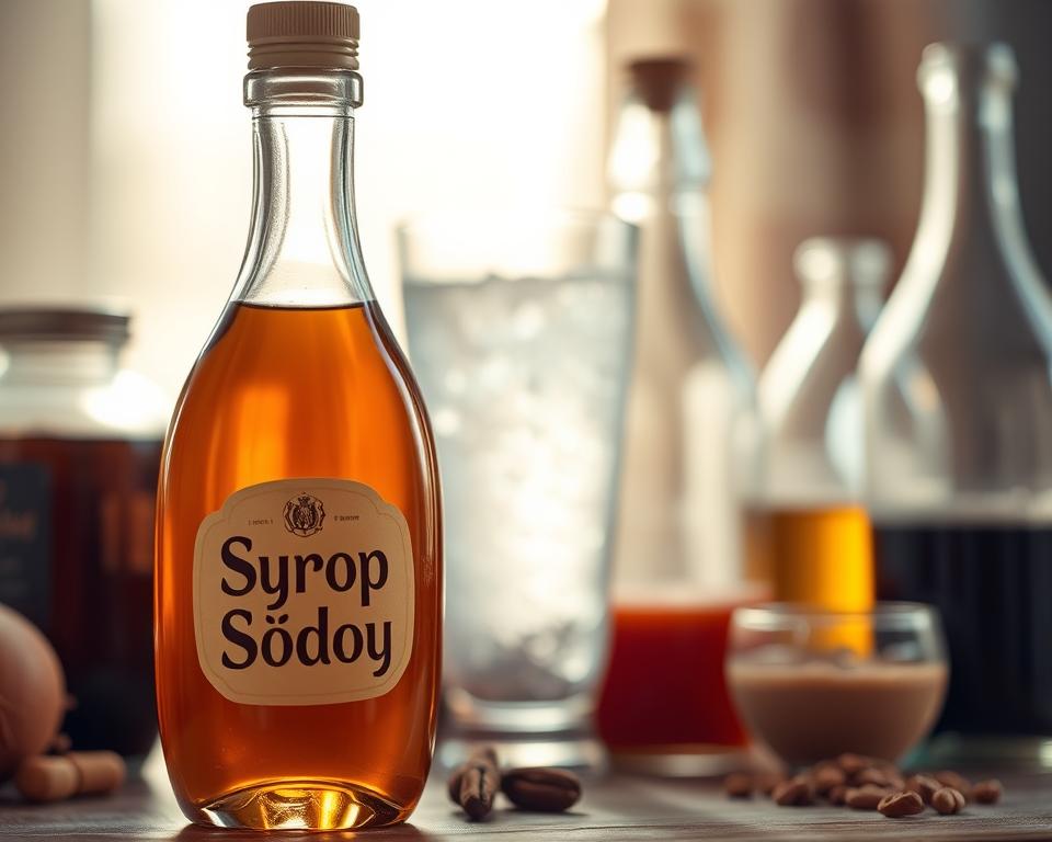 A glass filled with a rich, amber-colored liquid, surrounded by various beverages and ingredients. In the foreground, a bottle of golden-hued syrup takes center stage, its label prominently displaying the words "Syrop Słodowy." The middle ground features an assortment of drinks, including a tall glass of a fizzy, transparent liquid, a bottle of clear liquid, and a few other glass containers. The background is blurred, creating a soft, out-of-focus effect, allowing the main elements to stand out. The lighting is warm and natural, casting a gentle glow on the scene, and the composition is balanced and aesthetically pleasing.