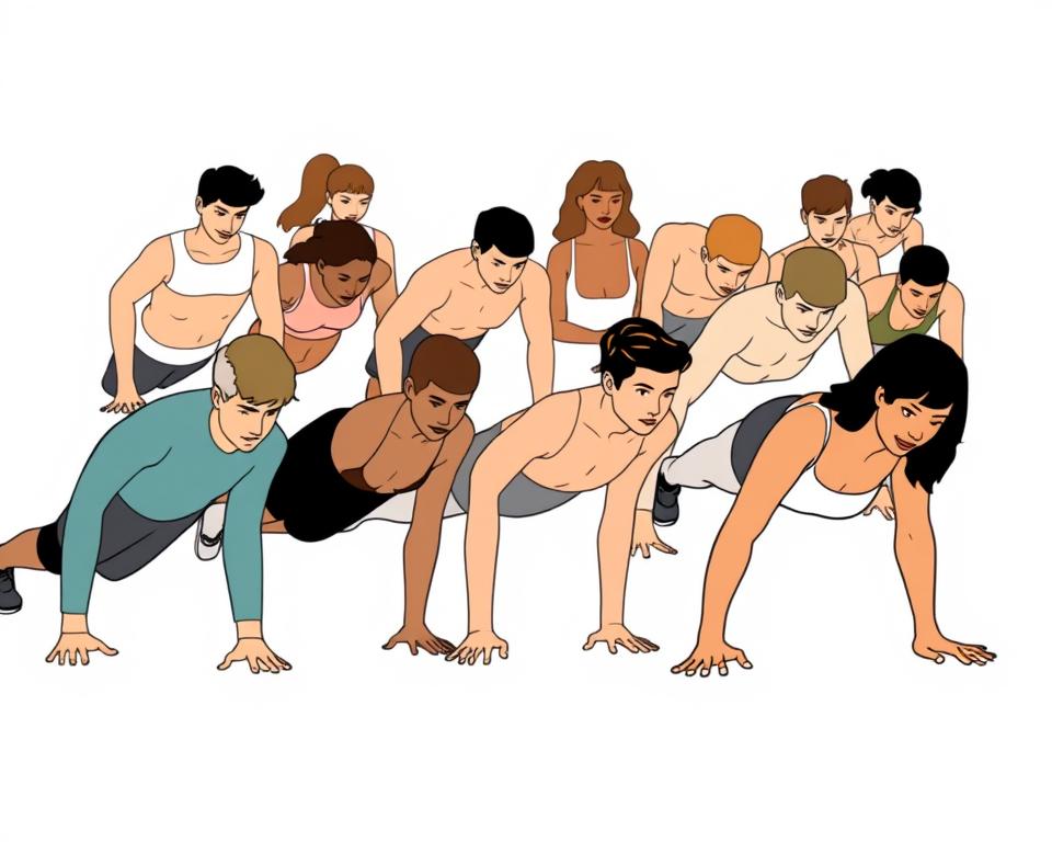 A group of diverse individuals of varying ages, genders, and body types performing 20 pushups against a neutral background. The figures are shown in a stylized, minimalist art style with clean lines and subtle shading, capturing the different muscles engaged during the exercise. The lighting is soft and diffused, creating a sense of warmth and focus on the activity. The composition is balanced, with the subjects arranged in a dynamic, staggered pose to showcase the diverse calorie-burning benefits of this simple exercise for a range of users.