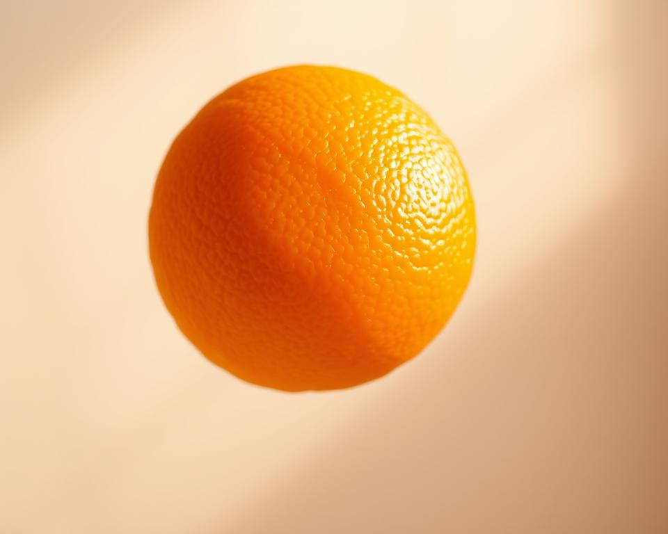 A ripe, vibrant mandarin orange floating against a soft, out-of-focus background. The fruit is shown in close-up, capturing its tactile, pebbled skin and luscious, glistening segments. Warm, directional lighting casts dramatic shadows, accentuating the mandarin's natural curves and contours. The image has a clean, minimalist aesthetic, with a sense of lightness and airiness, conveying the fruit's refreshing, slimming properties. The overall mood is one of simple elegance and appetite appeal, drawing the viewer's attention to the mandarin's inherent, healthful qualities.