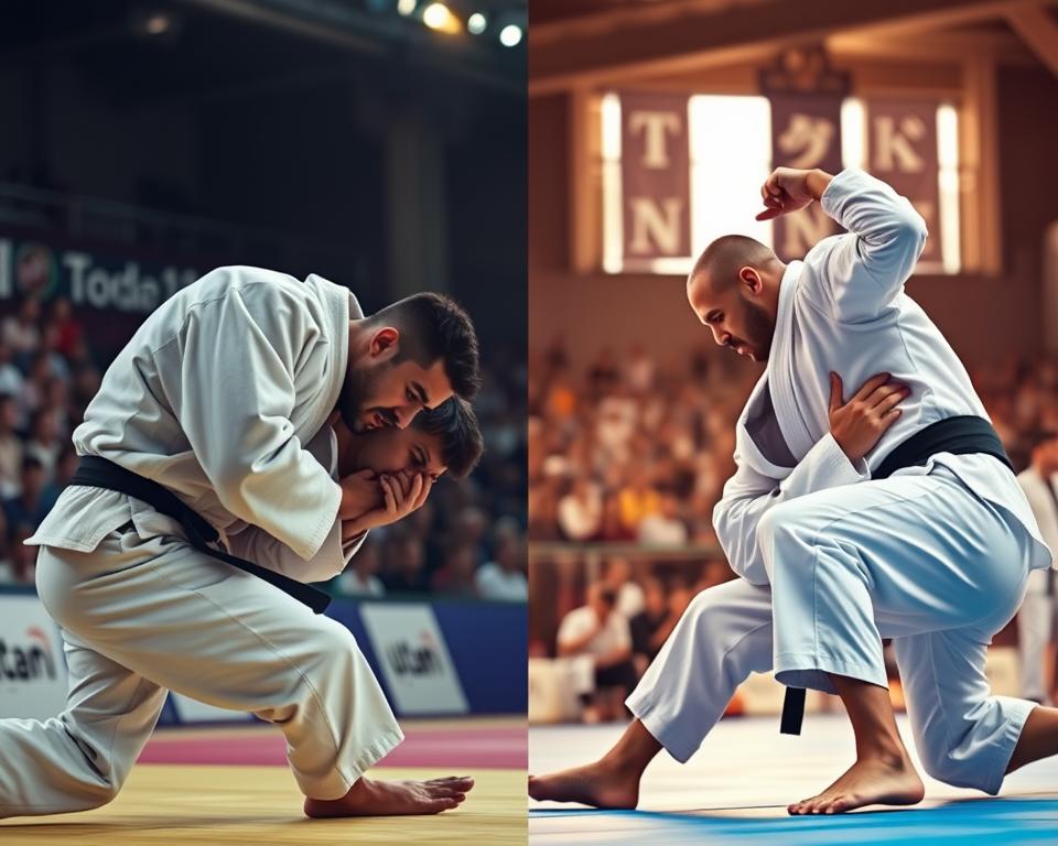A side-by-side comparison of two competitive martial arts - Judo and Brazilian Jiu-Jitsu (BJJ). In the foreground, two athletes, one in a white Judogi, the other in a BJJ gi, engaged in a dynamic grappling match, their expressions intense as they strive for the upper hand. The middle ground depicts the competition arena, with spectators lining the edges, the atmosphere electric with anticipation. In the background, the venue's architecture - perhaps a sports hall or a dojo - sets the stage, conveying a sense of tradition and discipline. The lighting is warm and focused, highlighting the athletes' skilled movements and the tension of the moment. The overall scene captures the essence of these two combat sports, their similarities and differences, as they are applied in a competitive setting.