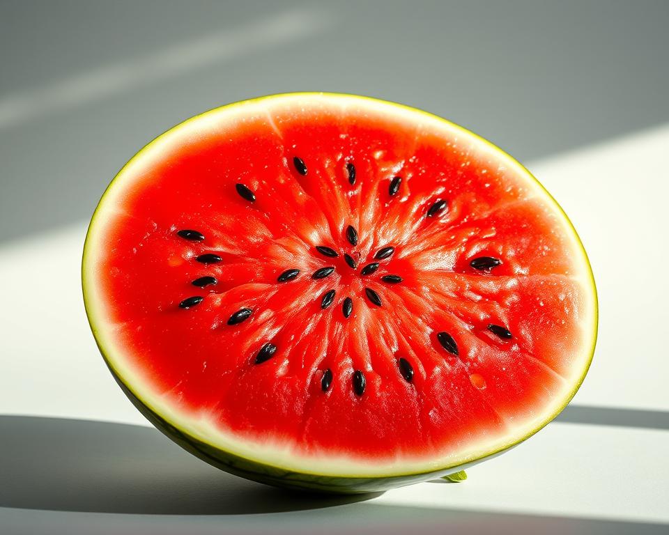 A vibrant, hyper-realistic watermelon, cut in half, revealing its juicy, crimson flesh and glistening black seeds. The fruit is illuminated by soft, natural lighting, casting delicate shadows that accentuate its voluptuous curves. The background is a serene, muted gradient, allowing the watermelon to take center stage. The image conveys a sense of freshness, wholesomeness, and the abundant nutritional value of this summertime favorite.