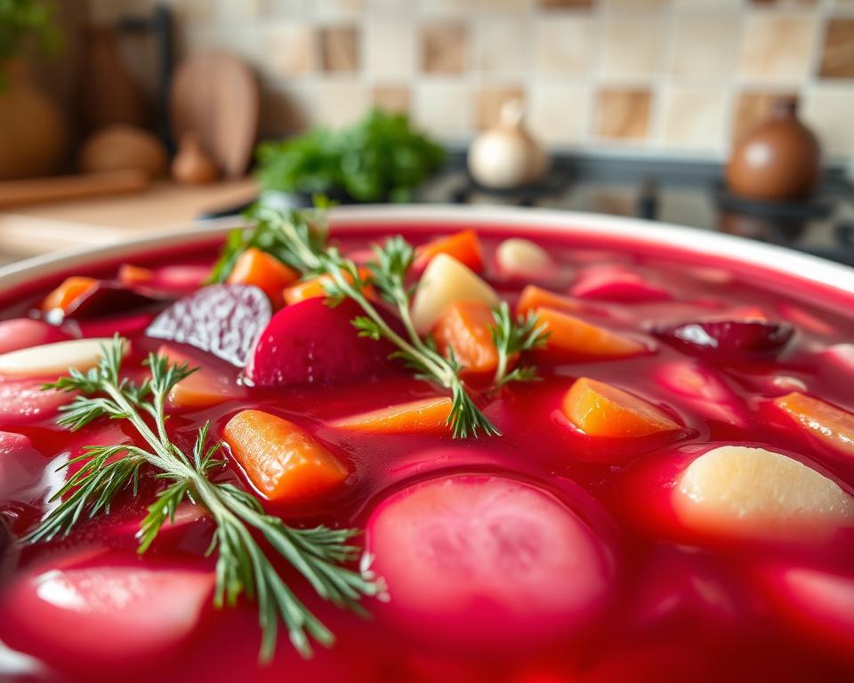A vibrant, nutritious scene of healthy vegetables floating in a rich, crimson borscht broth. In the foreground, sliced beets, carrots, and potatoes emerge from the velvety liquid, their colors and textures beautifully accentuated by soft, natural lighting. In the middle ground, fragrant dill and parsley sprigs add a touch of freshness, while garlic and onion lend depth and complexity to the savory aroma. The background features a cozy, rustic kitchen setting, with wooden accents and a tiled backsplash, creating a warm and inviting atmosphere. The overall mood is one of wholesome, homemade nourishment, highlighting the inherent healthfulness and vibrant flavors of this traditional Polish soup.