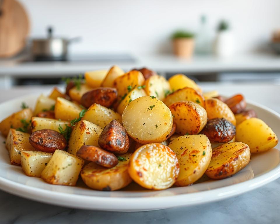 A visually appealing and nutritious dish featuring a variety of roasted and seasoned potatoes. The potatoes are arranged in an aesthetically pleasing manner, with a focus on texture and color contrast. The lighting is soft and natural, highlighting the golden-brown hues of the perfectly cooked potatoes. The background is a clean, minimalist kitchen setting, allowing the dish to be the central focus. The overall mood is one of simple, wholesome elegance, conveying the idea of a healthy and satisfying meal. The image should inspire the viewer to consider how to prepare delicious and low-calorie potato-based dishes.