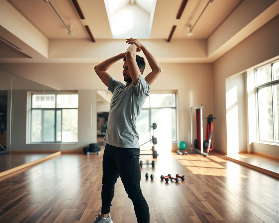 A well-lit gymnasium interior with wooden floors and mirrored walls. In the foreground, a person stands in a dynamic warm-up pose, arms extended overhead, body gently twisting. Subtle natural lighting filters in through large windows, casting soft shadows and highlights across the figure. The middle ground features various exercise equipment like dumbbells and resistance bands, neatly arranged. The background showcases a serene, minimalist atmosphere, drawing the viewer's focus to the central figure and their preparatory movements before a triceps stretching routine.