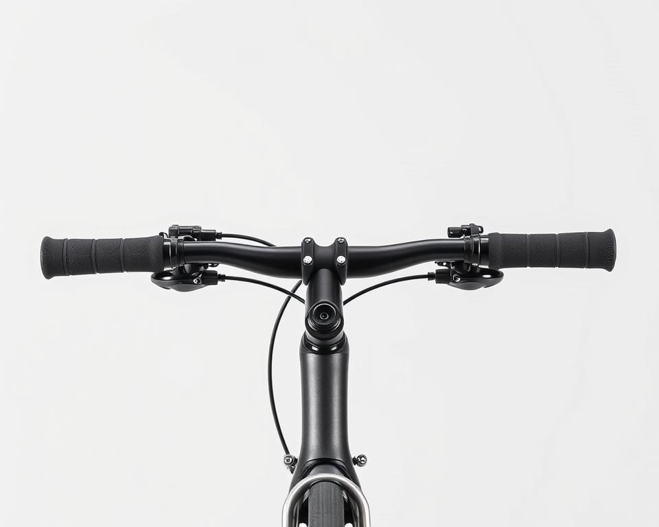 A bicycle handlebar in a well-lit, high-contrast studio setting, showcasing its intricate construction and common adjustment points. The handlebar is positioned to highlight the stem, grips, and key connection points. The image has a clean, technical, and informative atmosphere, inviting the viewer to closely examine the various components and understand the potential causes and solutions for a loose handlebar. The lighting is bright and directional, casting subtle shadows that accentuate the mechanical details. The camera angle is slightly elevated to provide a clear, unobstructed view of the handlebar's structure and adjustability features.