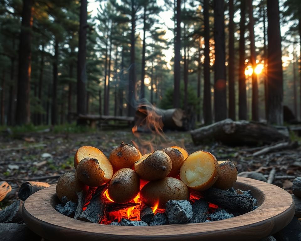 A campfire crackles in a secluded forest glade, casting a warm, flickering glow over a group of roasted potatoes nestled in the embers. Charred skins crisp to a golden hue, while the interior remains fluffy and tender. Wisps of fragrant smoke drift upward, mingling with the scent of sizzling butter and herbs. The scene is framed by towering pine trees, their branches swaying gently in the evening breeze. Sunlight filters through the canopy, painting the scene with a soft, golden light. Rustic cookware and a wooden platter stand ready to serve the perfectly baked potatoes, inviting the viewer to join in this cozy, outdoor dining experience.