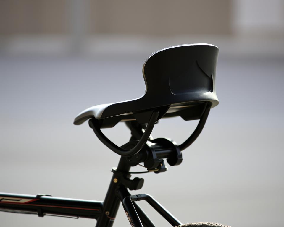 A child's bicycle seat, partially dismantled, showcasing the adjustable mechanism. The seat is positioned at an unnatural angle, with one side visibly higher than the other. The frame is subtly tilted, creating an off-balance and unstable appearance. The lighting is slightly hazy, casting soft shadows that accentuate the misalignment. The background is blurred, keeping the focus on the problematic seat setup. The overall composition conveys a sense of discomfort and the need for proper adjustments to ensure a safe and comfortable ride for the young cyclist.