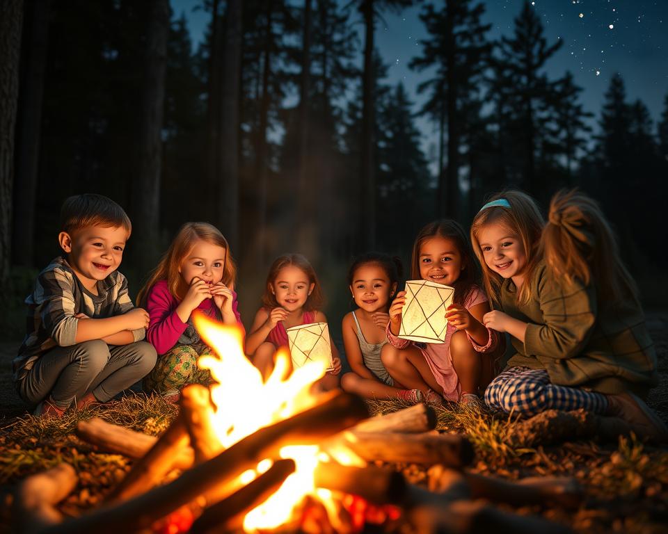 A cozy campfire glows in the foreground, surrounded by a group of cheerful children engaged in various creative activities. In the middle ground, they craft whimsical lanterns from paper and twine, their faces lit by the warm firelight. In the background, a serene forest setting with towering trees and a starry night sky creates a magical atmosphere. Soft, diffused lighting illuminates the scene, casting gentle shadows and highlighting the children's concentrated expressions as they explore their imaginations through hands-on play. An air of wonder and adventure pervades the peaceful outdoor gathering.