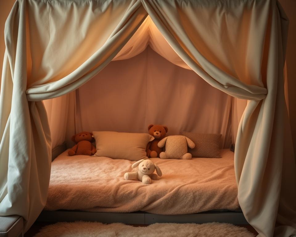 A cozy indoor tent setup with warm lighting and soft textures. In the foreground, a large, plush blanket is draped over a bed frame, creating a makeshift canopy. Soft, billowing fabric cascades from the edges, framing the scene. In the middle ground, various pillows, cushions, and stuffed animals are arranged to create a comfortable, inviting atmosphere. The background features muted, earthy tones, suggesting a peaceful, natural ambiance. The lighting is gentle and diffused, casting a warm, cozy glow over the entire setup. The composition emphasizes the sense of comfort, relaxation, and homemade charm, perfectly suited for a cozy indoor fort or hideaway. A cozy indoor tent setup with warm lighting and soft textures. In the foreground, a large, plush blanket is draped over a bed frame, creating a makeshift canopy. Soft, billowing fabric cascades from the edges, framing the scene. In the middle ground, various pillows, cushions, and stuffed animals are arranged to create a comfortable, inviting atmosphere. The background features muted, earthy tones, suggesting a peaceful, natural ambiance. The lighting is gentle and diffused, casting a warm, cozy glow over the entire setup. The composition emphasizes the sense of comfort, relaxation, and homemade charm, perfectly suited for a cozy indoor fort or hideaway.
