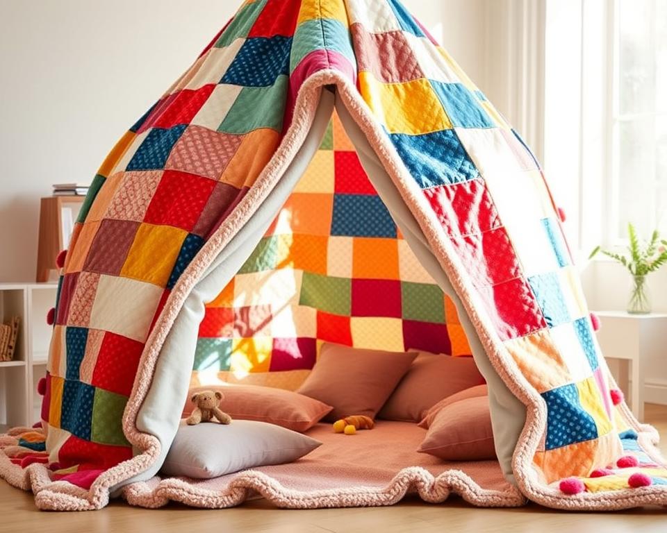 A cozy, inviting play tent crafted from a soft, colorful patchwork quilt. The fort's walls are draped with the plush blanket, creating a whimsical, cocoon-like structure. Sunlight filters through the quilt, casting a warm, gentle glow inside the intimate, child-sized space. Plush pillows and toys are scattered across the floor, inviting young explorers to settle in and let their imaginations run wild. The tent stands in a bright, airy room, surrounded by cheerful decor that evokes a sense of comfort and wonder. A tranquil, magical atmosphere perfect for endless hours of imaginative play.