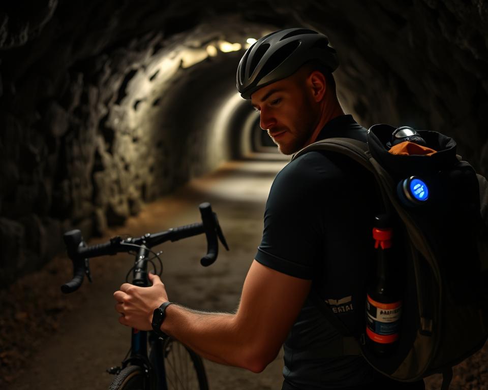 A cyclist prepares their gear for an underground cycling adventure. In the foreground, they meticulously inspect their bike, adjusting the brakes and gears. The middle ground reveals a well-stocked backpack, filled with essential supplies - water, snacks, tools, and a headlamp. The background shows the entrance to the mysterious underground cycling route, a dimly lit passageway leading into the unknown. Soft, indirect lighting casts long shadows, creating an air of anticipation and exploration. The cyclist's expression is one of focused determination, ready to embark on this unique, subterranean cycling experience. A cyclist prepares their gear for an underground cycling adventure. In the foreground, they meticulously inspect their bike, adjusting the brakes and gears. The middle ground reveals a well-stocked backpack, filled with essential supplies - water, snacks, tools, and a headlamp. The background shows the entrance to the mysterious underground cycling route, a dimly lit passageway leading into the unknown. Soft, indirect lighting casts long shadows, creating an air of anticipation and exploration. The cyclist's expression is one of focused determination, ready to embark on this unique, subterranean cycling experience.