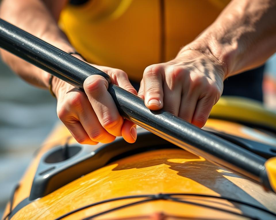 A detailed close-up view of a person's hands firmly gripping a kayak paddle with correct technique. The paddle is held with the dominant hand near the center and the other hand near the end, fingers wrapped around the shaft. The hands are positioned to provide maximum leverage and control, with the wrists in a neutral alignment. The paddle blade is angled slightly into the water, ready to propel the kayak forward with a smooth, efficient stroke. The scene is brightly lit, showcasing the precise hand positioning and paddle orientation. The background is blurred, keeping the focus on the hands and paddle for an educational, instructional aesthetic.