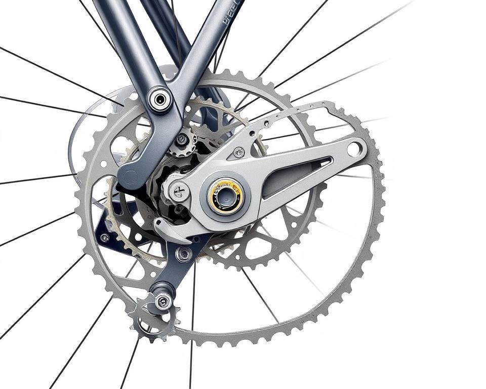 A detailed cross-section illustration of the inner workings of a bicycle rear derailleur. Crisp, technical, and highly detailed, with a neutral, educational tone. Precise mechanical components and gears rendered in muted metallics, with clean white background and subtle ambient lighting from the top left. Expose the complex system of pivots, pulleys, and linkages that enable smooth and precise gear shifting. Convey the elegant engineering and functionality of this essential bicycle component.