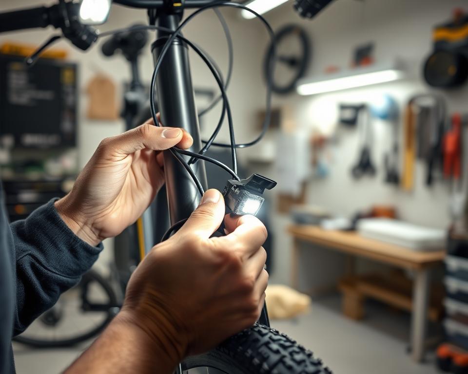 A detailed diagnostic procedure for troubleshooting lighting issues in an electric bicycle. A technician's hands closely examine the wiring, connections, and components of the bike's lighting system under bright, focused lighting. The background is a clean, well-organized workshop space with various tools and equipment visible. The atmosphere conveys a sense of careful, methodical problem-solving to identify and resolve the lighting problem.