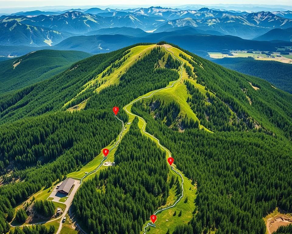 A detailed topographical map of the hiking trail from Jakuszyce to the Chatka G&oacute;rzyst&oacute;w mountain hut, rendered in a realistic, high-contrast style with vivid colors. The map shows the winding path through the lush, forested terrain, with elevation contours and markers indicating the distance and difficulty of the route. The foreground features the trailhead and surrounding landmarks, while the middle ground depicts the trail's progression through the mountainous landscape. In the background, a panoramic view of the Karkonosze mountain range creates a picturesque backdrop. The lighting is natural and diffused, creating depth and emphasizing the rugged, outdoorsy atmosphere. The perspective is slightly angled to provide a comprehensive overview of the trail's course.