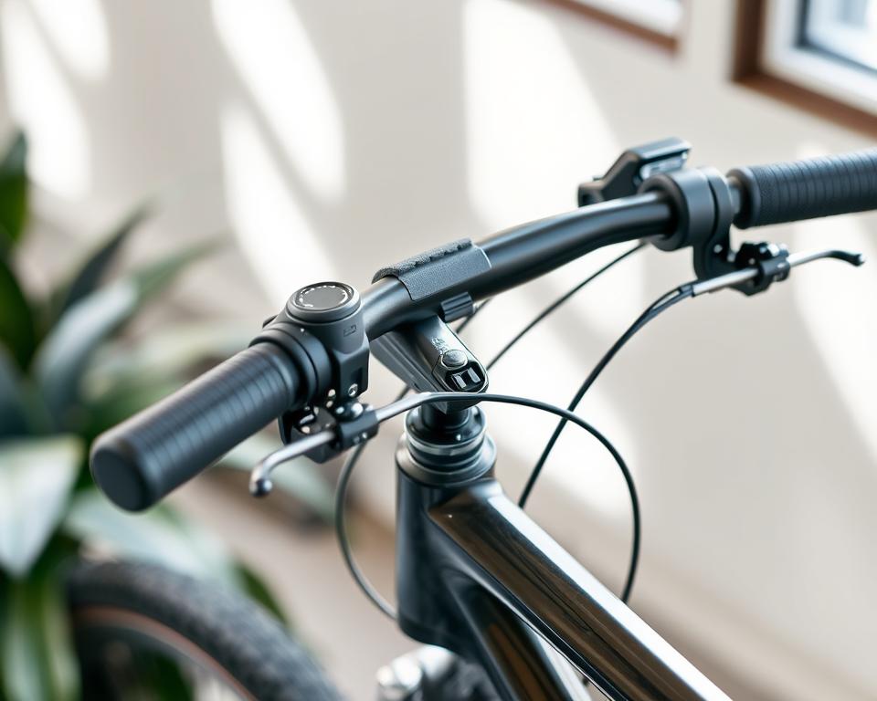 A legal electric bicycle handlebar with a gas twist grip, mounted on a realistic bicycle frame. The handlebar is crafted with precision engineering, seamlessly integrated into the bike's design. The grip has a smooth, rubberized texture, allowing for precise throttle control. The frame is made of sturdy, lightweight materials, reflecting the advanced technology of modern e-bikes. The scene is well-lit, with natural lighting filtering through the background, creating a sense of realism and a clean, professional aesthetic. The overall composition emphasizes the legality and functionality of the gas twist grip in the context of an electric bicycle.