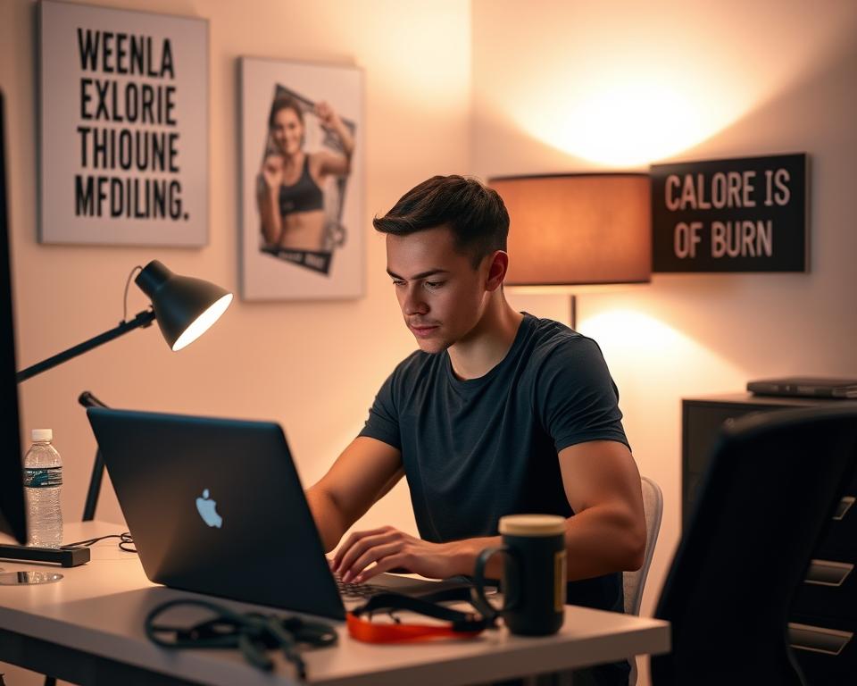 A person seated at a desk, focused intently on a laptop screen, surrounded by fitness equipment and motivational imagery. Soft, warm lighting illuminates the scene, creating a sense of productivity and engagement. The pose suggests a conscious effort to maintain good posture and engage core muscles, while the accessories - resistance bands, a mini exercise bike, and a water bottle - hint at small, incremental ways to boost calorie burn during sedentary work. The overall atmosphere conveys a balance between work and wellness, with the goal of maximizing calorie expenditure through thoughtful, integrated movements throughout the day. A person seated at a desk, focused intently on a laptop screen, surrounded by fitness equipment and motivational imagery. Soft, warm lighting illuminates the scene, creating a sense of productivity and engagement. The pose suggests a conscious effort to maintain good posture and engage core muscles, while the accessories - resistance bands, a mini exercise bike, and a water bottle - hint at small, incremental ways to boost calorie burn during sedentary work. The overall atmosphere conveys a balance between work and wellness, with the goal of maximizing calorie expenditure through thoughtful, integrated movements throughout the day.
