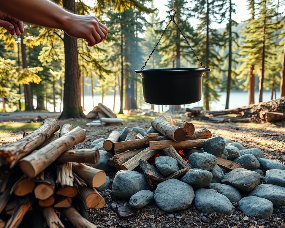 A picturesque outdoor scene of a campfire being prepared for cooking in a cast iron pot. In the foreground, a person carefully arranges a stack of dry kindling and larger logs, ready to be lit. The middle ground features the focal point - a sturdy black cauldron suspended over a carefully constructed fire pit, surrounded by smooth river stones. In the background, a lush forest backdrop with tall evergreen trees and a glimpse of a serene lake. Natural sunlight filters through the leaves, casting a warm, golden glow over the scene. The overall mood is one of rustic, outdoor adventure and the anticipation of a hearty, home-cooked meal.