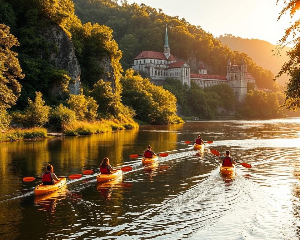 A picturesque river scene along the Vistula River in Krak&oacute;w, with a group of kayakers gliding through the gentle current. The lush, verdant banks are dotted with towering cliffs and the iconic Benedictine Abbey of Tyniec in the distance, its spires reaching skyward. Warm, golden sunlight filters through the trees, casting a soft, romantic glow over the entire tableau. The kayakers paddle with effortless grace, their vibrant life jackets and boats creating a vibrant contrast against the serene natural surroundings. The prompt captures the tranquil, picturesque atmosphere of a Krak&oacute;w-Tyniec kayaking excursion, inviting the viewer to imagine the cost and experience of this popular local activity.