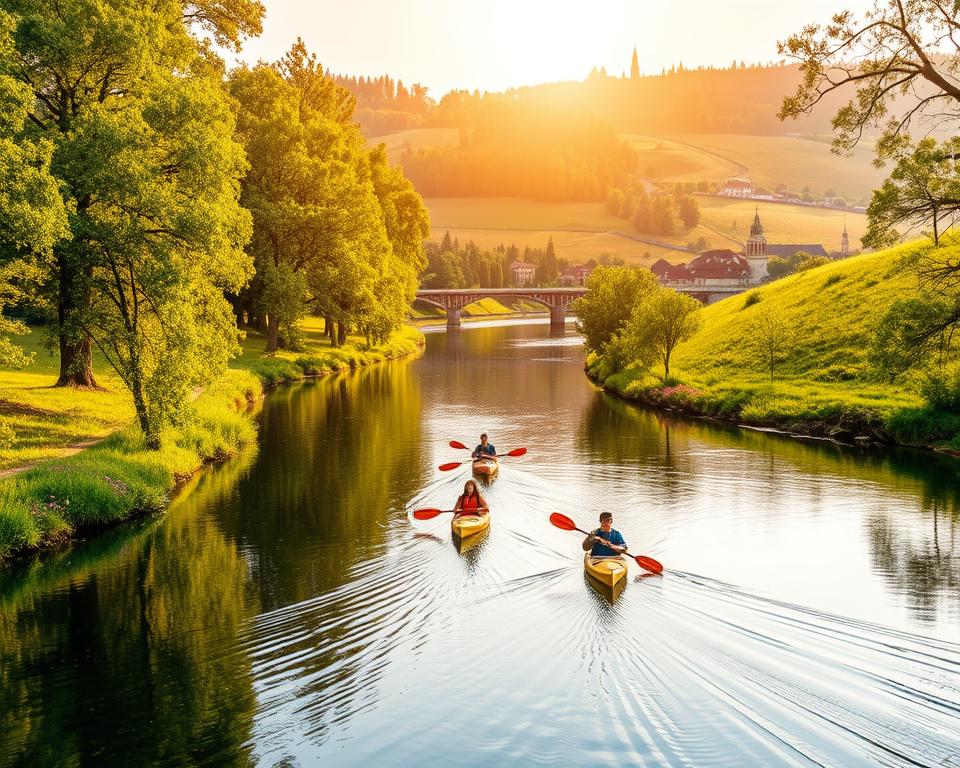 A picturesque river winding through the lush, verdant landscapes of Zielona G&oacute;ra, Poland. Kayakers glide effortlessly across the calm, mirror-like surface, surrounded by towering trees and rolling hills. The warm, golden sunlight filters through the canopy, casting a gentle glow on the scene. The riverbanks are adorned with vibrant wildflowers, adding pops of color to the serene environment. In the distance, glimpses of historic architecture and landmarks can be seen, hinting at the rich cultural heritage of the region. This image captures the essence of the best kayaking routes in the Zielona G&oacute;ra area, inviting viewers to explore the tranquil waterways and immerse themselves in the beauty of this picturesque landscape.