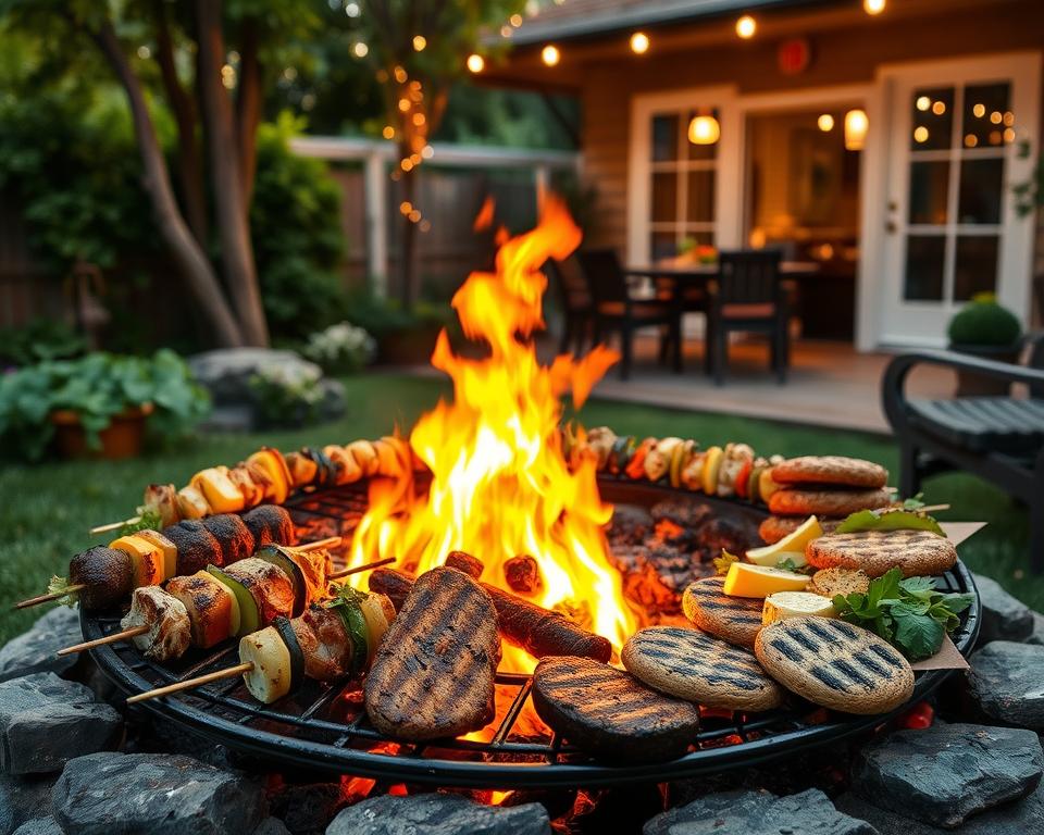 A rustic backyard scene with a blazing campfire in the foreground, surrounded by a variety of grilled meat alternatives sizzling on a grate. In the middle ground, an assortment of skewered vegetables, plant-based burgers, and charred portobello mushrooms. The background features lush greenery, a cozy patio, and a warm, golden lighting that casts a inviting glow over the entire setting. The overall atmosphere is one of a relaxed, outdoor gathering, where delicious, plant-based dishes take center stage.